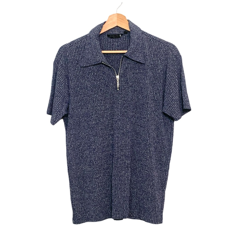 POSITANO Men’s Vintage Zip Up Ribbed Polo Short In Blue Size Medium USA Made